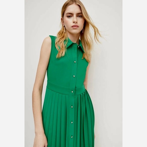 NWT!! KAREN MILLEN Soft Tailored Pleated Sleeveless Shirt Dress Solid Green US 8 - Picture 6 of 16